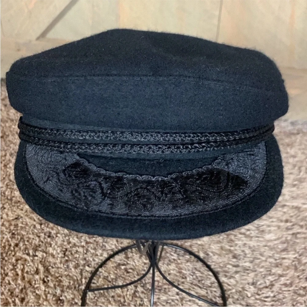 Vintage Greek Fisherman Newsboy Sailor Cap Hat Wool Embroidered Black Size L - Picture 8 of 16